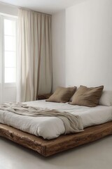 Rustic Bedroom Interior with Platform Bed and Linen Bedding, Minimalist Style, Natural Light, Close Up Shot, Home
