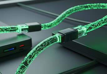 Glowing network cables connecting devices
