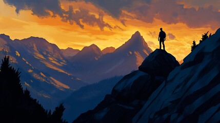 Solitary figure on mountain peak at sunset