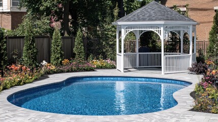 Outdoor swimming pool and gazebo in a landscaped garden.