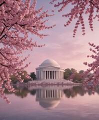 Obraz premium Pink cherry blossoms frame Jefferson Memorial, spring, clouds