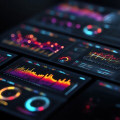 Interactive dashboard using vibrant lighting effects to represent and visualize data insights through advanced tech.