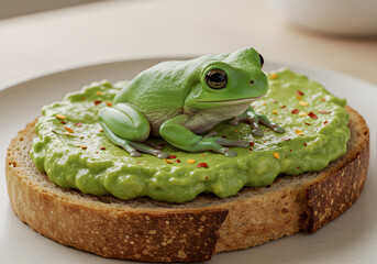 Green frog sitting on a slice of bread with green spread macro perspective