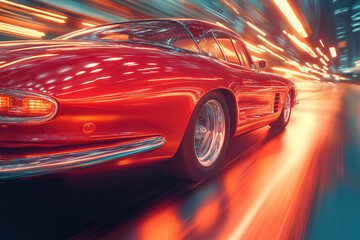Classic red sports car speeding through city streets at night with vibrant light trails