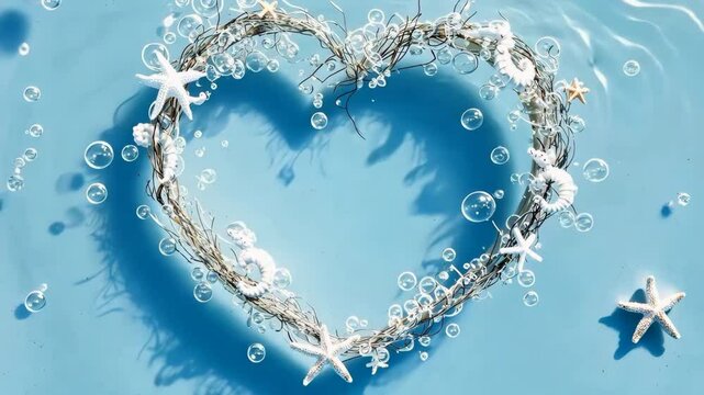 Heart Shaped Seashell and Starfish Arrangement in Ocean Water with Bubbles