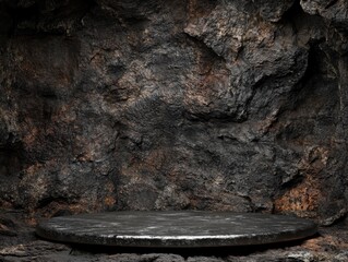 Dark rock podium display for product placement in studio shot with stone background and cave ambiance for advertisement