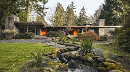 Modern home nestled within lush landscape.  Exterior features a low-slung, concrete structure with orange doors, a rock-lined water feature, and expansive greenery