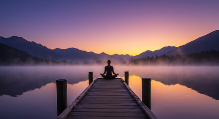 Naklejka premium Serene sunrise over misty mountain lake with a person meditating at dawn