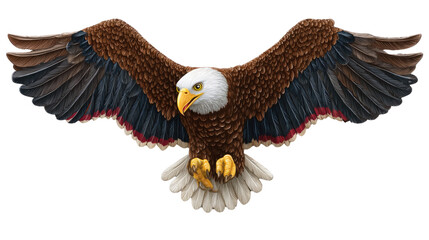 Majestic eagle soaring with outstretched wings showcasing detailed feathers and striking features against white background
