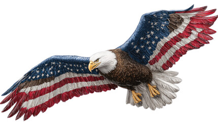 Majestic Bald Eagle Soaring with American Flag Wings Against a White Background for Patriotic Themes