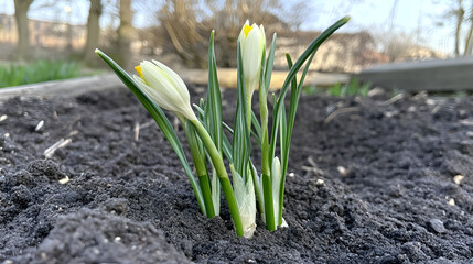 Fototapeta premium White Crocus Blooms in Spring Soil