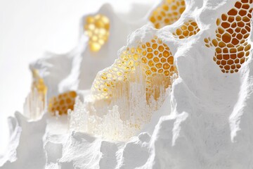 
Honeycomb structure overflowing with fresh pollen and crystallized nectar deposits. Clean composition with soft shadows, minimalist design, professional lighting, high detail, and 8k resolution.