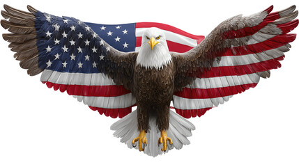 Majestic Bald Eagle Spreading Wings Against a Background of American Flag Imagery in a Vivid Realistic Style