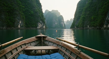 Fototapeta premium Weathered wooden rowboat with oars on a tranquil body of water.