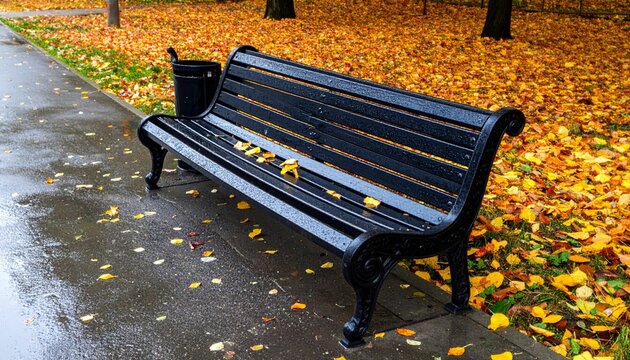 Wet park bench with fallen autumn leaves, rainy weather conditions - Powered by Adobe
