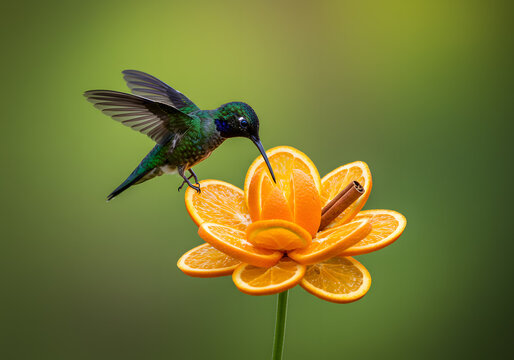 Hummingbird feeds on orange flower slice art
