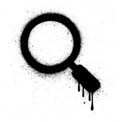 Creative black spray paint illustration of a magnifying glass with dripping paint and rough splatter effect. Perfect for urban, grunge, and street art design concepts. © kadiran