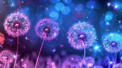 Fluffy dandelion in neon shades. Abstract background.