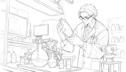 Fototapeta premium Scientist Examining Sample in Laboratory Sketch