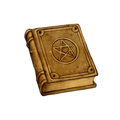 Vintage magical book with pentagram symbol, watercolor illustration on white background. Ideal for Halloween decor, fantasy themes, witchcraft books, and mystical packaging design.