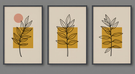 Three framed minimalist art prints in a row. Each one features a simple, black line drawing of a leafy plant, popping against a beige background with a big, yellow square in the middle