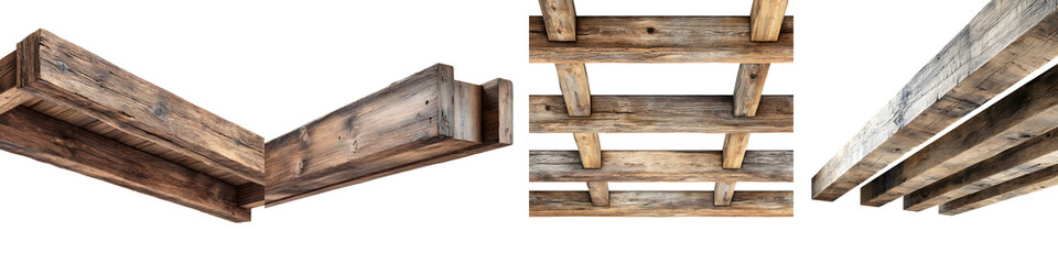 Obraz premium Rustic wooden beams showcasing distressed textures and natural grains, perfect for interior design, architecture, or construction projects that emphasize quality craftsmanship