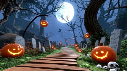 Fototapeta premium A spooky Halloween path leads through a graveyard at night illuminated by a full moon and jack-o'-lanterns hanging from bare trees casting an eerie glow on tombstones.