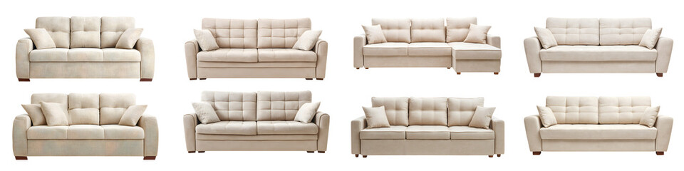 Fototapeta premium Modern, stylish sofas with a luxurious beige fabric featuring various designs, showcasing comfort, elegance, and versatility for contemporary living spaces and interior styling