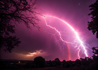 Pink thunder arc in surreal evening sky 