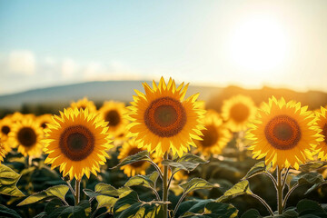 Fototapeta premium Bright sunflowers in full bloom facing the sunlight in a vast field under a clear blue sky with distant hills
