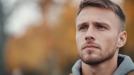 Fototapeta premium Thoughtful Young Man Contemplating Life Amidst Autumn Colors