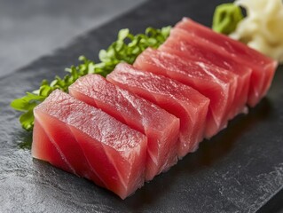 Fresh tuna sashimi slices served on a dark slate plate close up shot culinary presentation raw fish delicacy Japanese cuisine