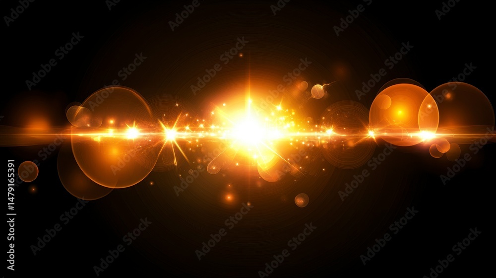 Poster glowing golden light burst with lens flares and bokeh on black background.