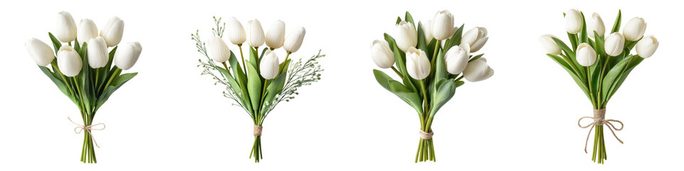 Beautiful white tulip bouquets arranged elegantly in diverse styles, showcasing delicate floral artistry, vibrant greenery, and charming decorative elements for weddings and events