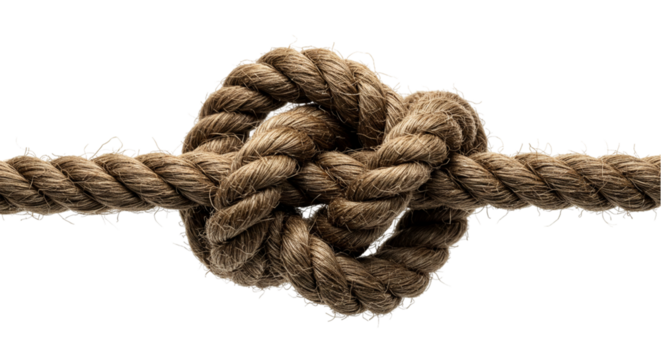 Isolated brown rope knot close up on black background, nautical rope knot, strong knot, tied rope knot