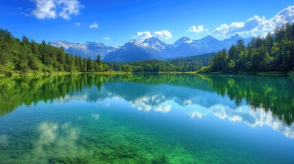 Serene mountain lake reflecting a vibrant sky.