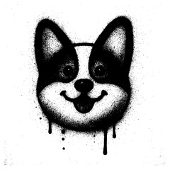 High contrast black and white graffiti-style stencil artwork of a cute corgi dog face. © kadiran
