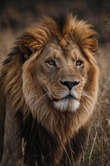 Fototapeta premium portrait of a male lion , a majestic lion wild life photography , lion image ,lion photo , nature photography ,nature , animal photography close-up photo 