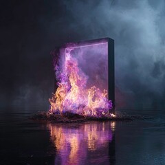 Visual representation of a mystical portal surrounded by vibrant flames and smoke