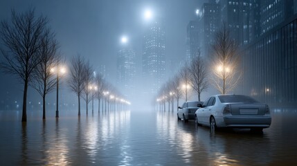 Fototapeta premium Flooded city street with half-submerged cars, murky water reflecting streetlights, and abandoned buildings in the background