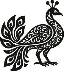 Ornamental peacock vector in flat black and white