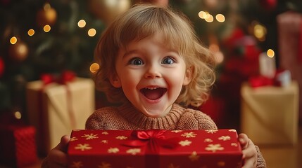Joyful Child with Christmas Present