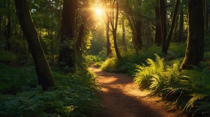 Naklejka premium A sunlit path winding through a dense forest with lush green foliage and tall trees all around it
