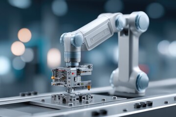 Precision robotic arm performs intricate assembly tasks in moder
