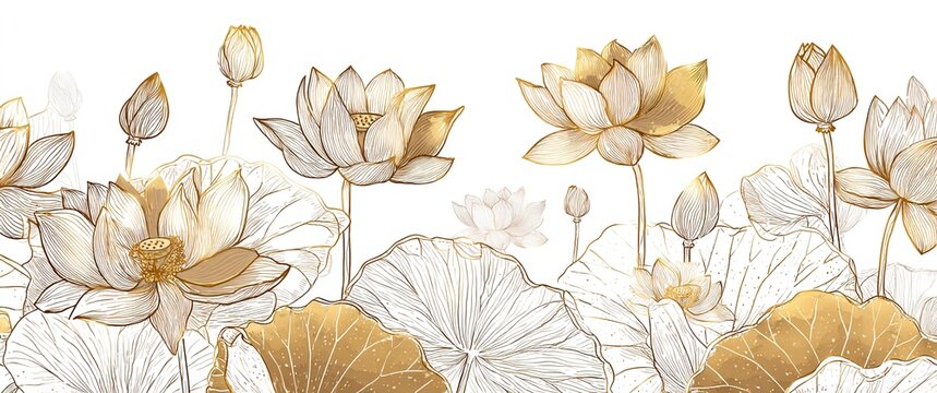 Golden Lotus line art vector in white background. Luxury watercolor wallpaper with lotus flower, leaves and blooms in hand drawn. Elegant design for banner, invitation, packaging, wall art. High quali