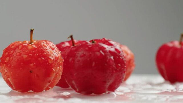 Acerola Cherries With Water Droplets In Elegant Still Life