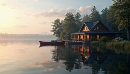 Fototapeta premium Cozy Lakeside Cabin at Sunrise with Reflections on Water for Travel Blogs, Nature Websites, Outdoor Living Content, and Lifestyle Articles 
