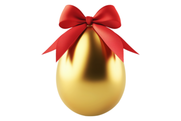 Golden Easter egg with red bow on top, isolated on white transparent background. Symbol of luxury, celebration, and holiday festivity