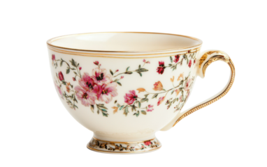 White cup with a floral design on transparent or white background