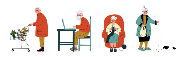 Active Senior Man and Woman Character Enjoy Different Activity Vector Set